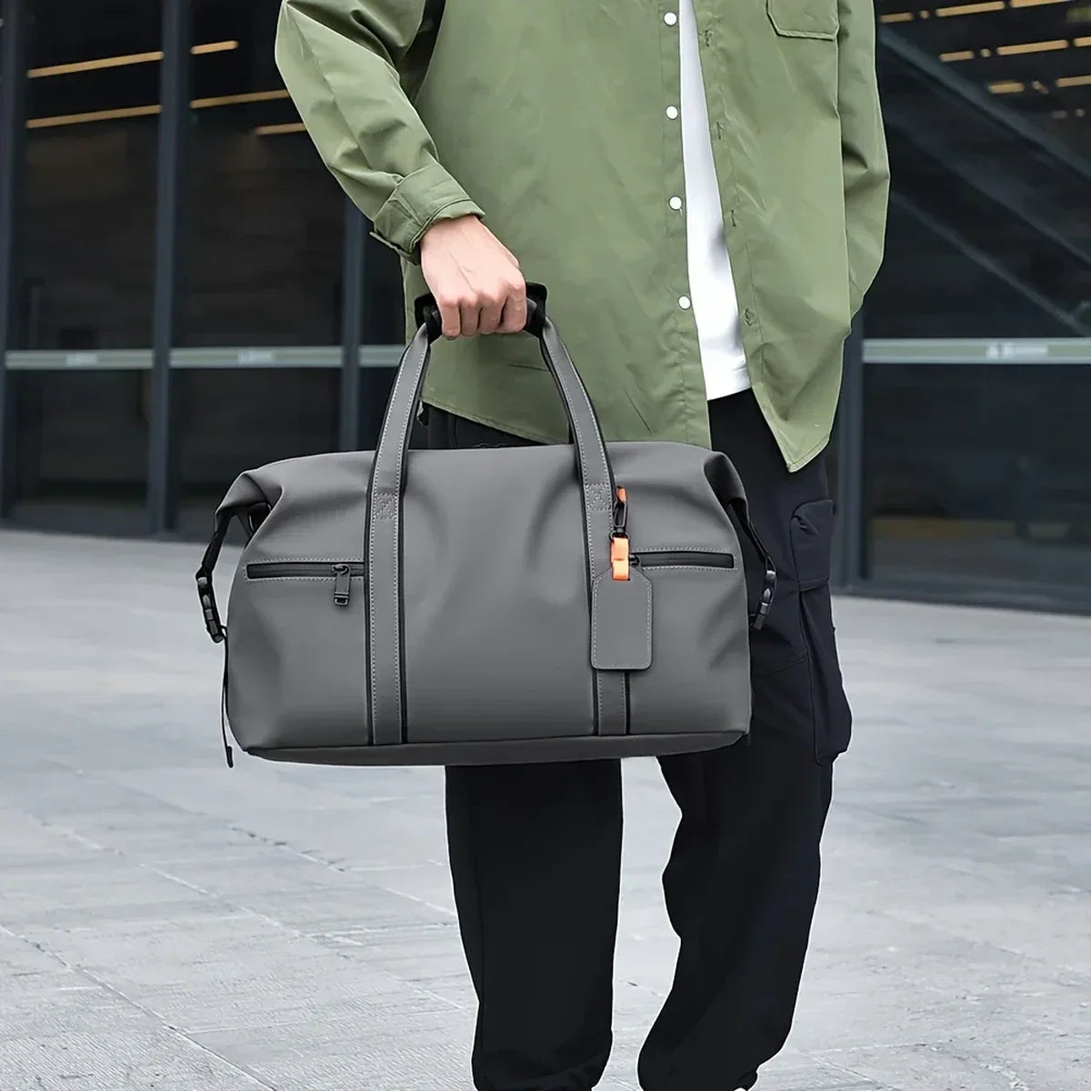 Vegan Leather Duffle Bag - Matte Water-Resistant Weekender with Laptop Pocket