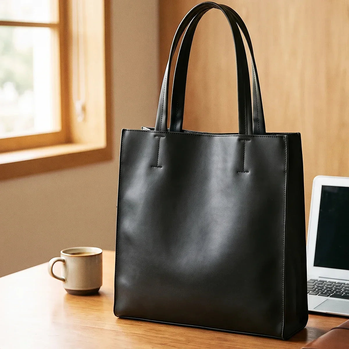 Vegan Leather Tote Bag - Slim Vertical Work Carryall - Black