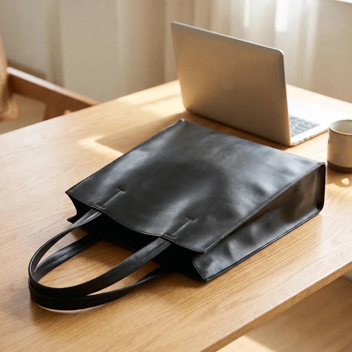 Vegan Leather Tote Bag - Slim Vertical Work Carryall - Black