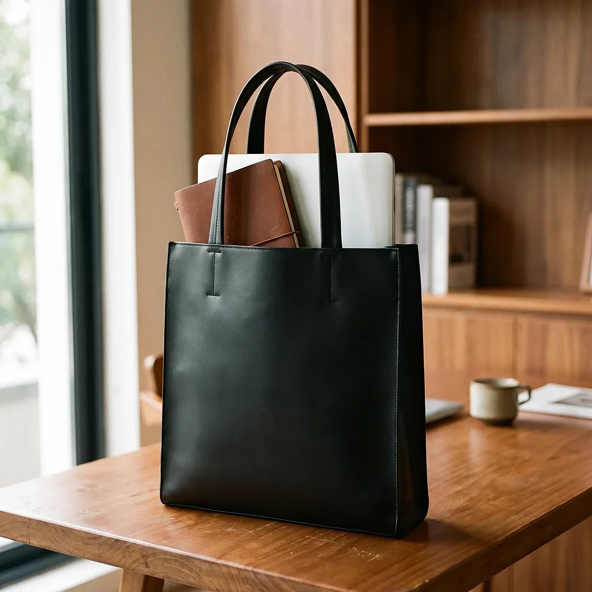 Vegan Leather Tote Bag - Slim Vertical Work Carryall - Black