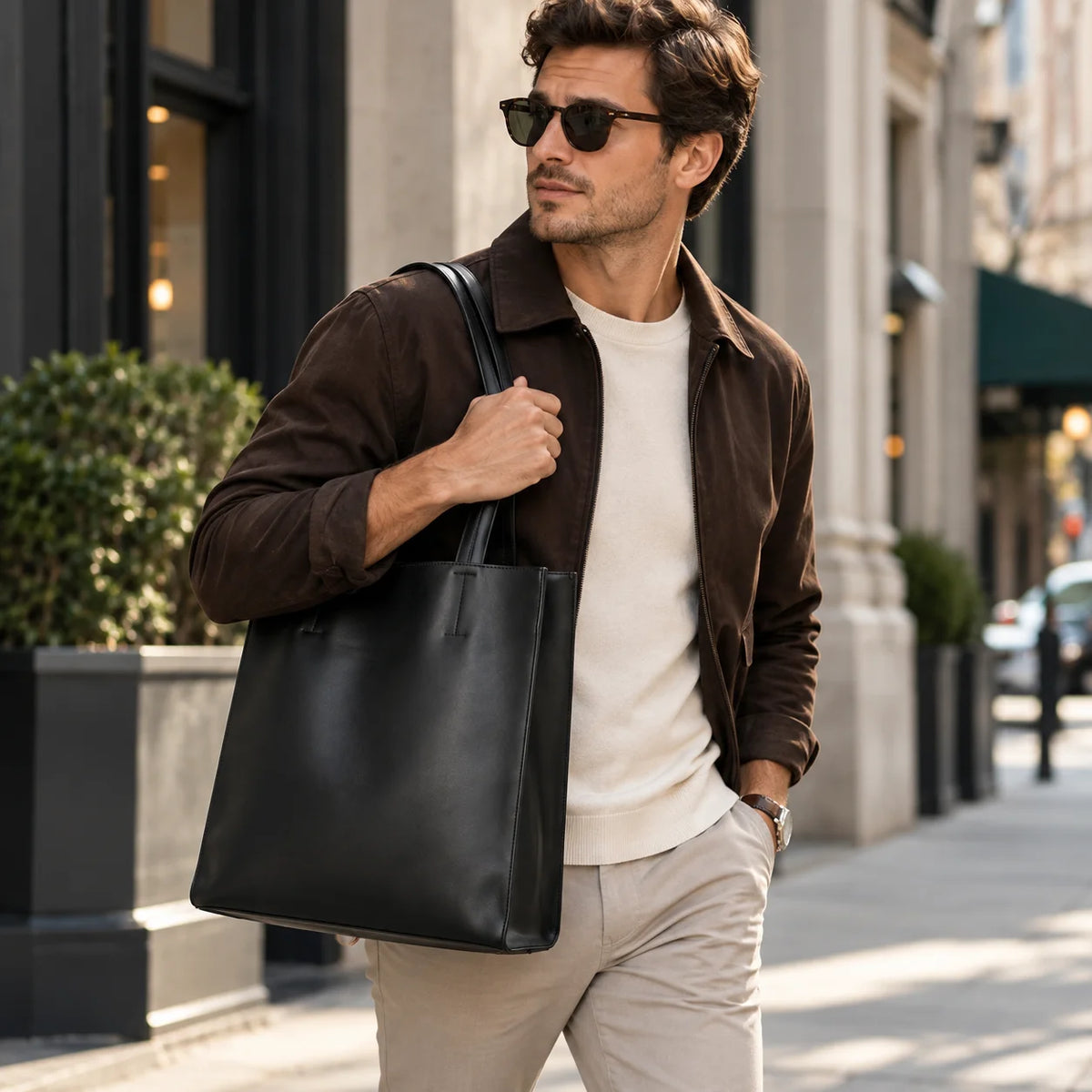 Vegan Leather Tote Bag - Slim Vertical Work Carryall - Black