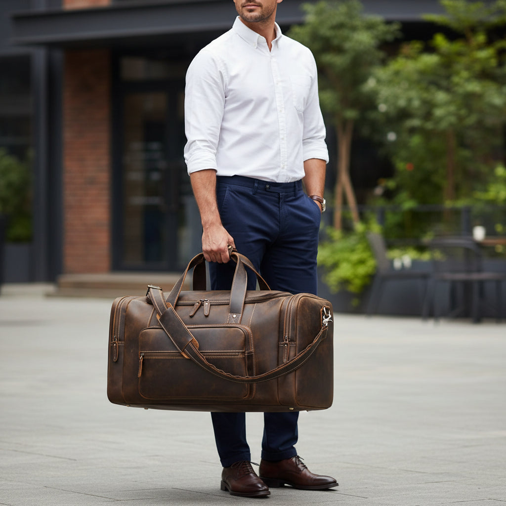 Men’s Leather Duffle Bag - Extra Large 50L Weekender - Coffee