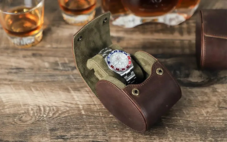 Round Leather Watch Roll with Slide-Out Cushions