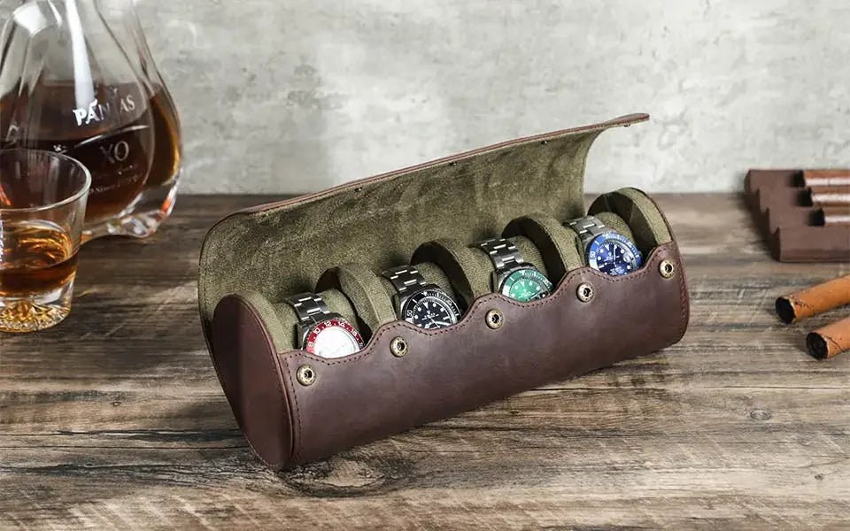 Round Leather Watch Roll with Slide-Out Cushions