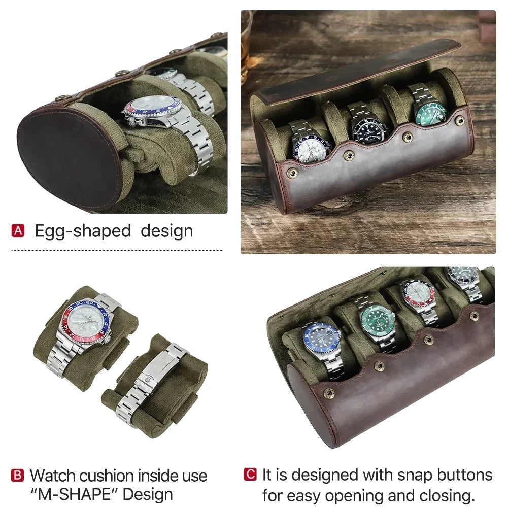 Round Leather Watch Roll with Slide-Out Cushions