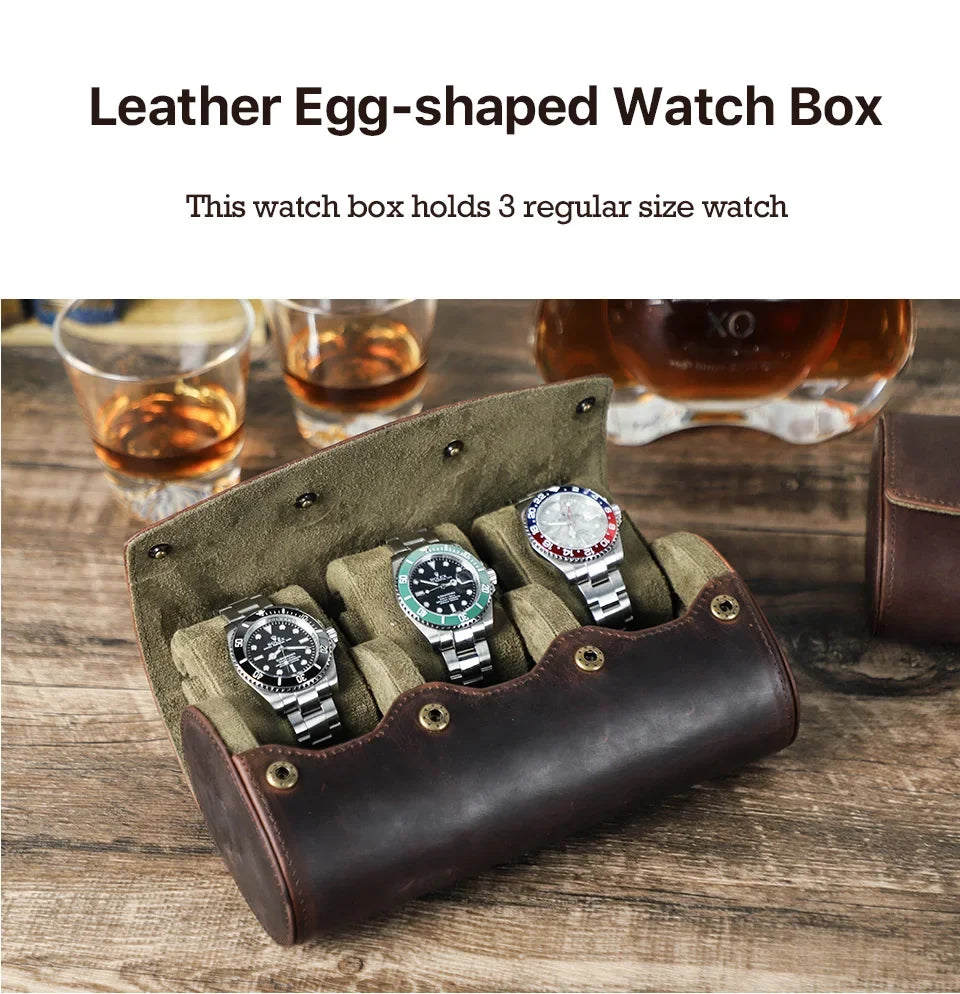 Round Leather Watch Roll with Slide-Out Cushions