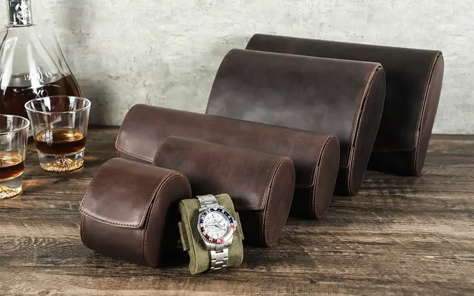 Round Leather Watch Roll with Slide-Out Cushions