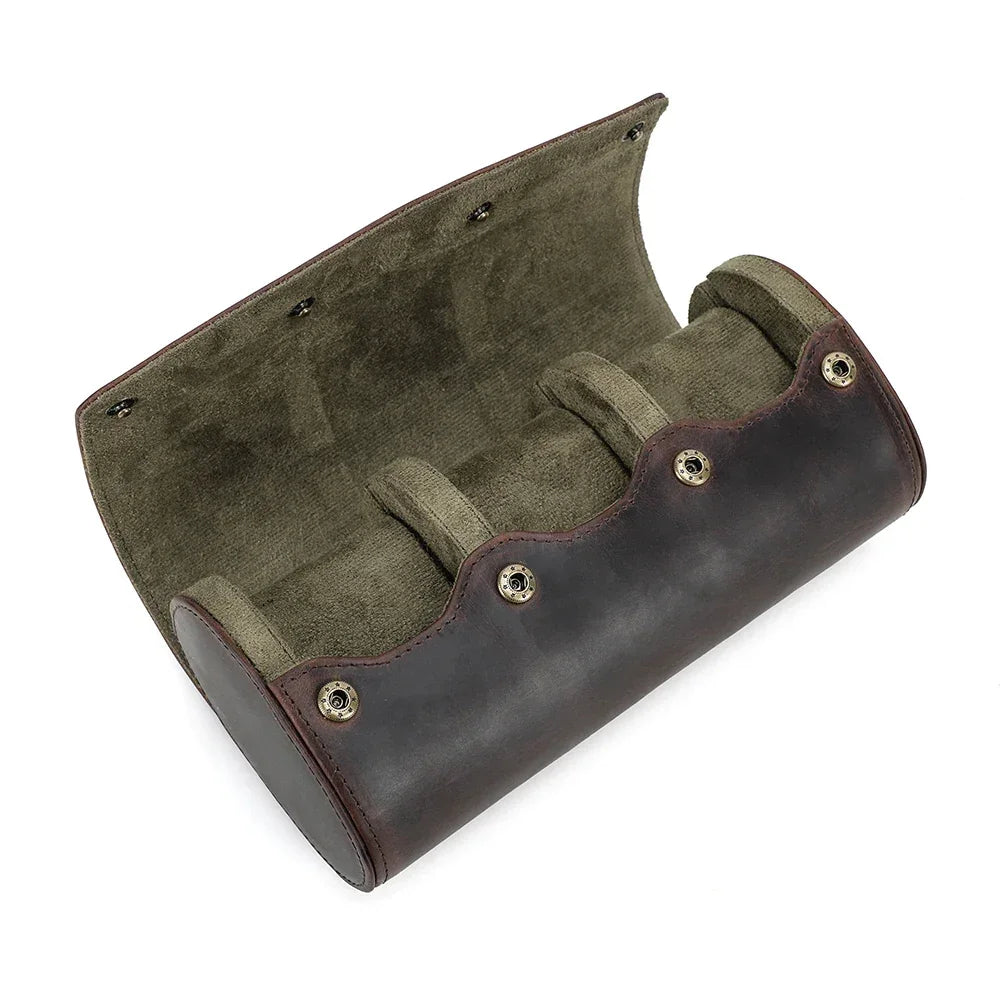 Round Leather Watch Roll with Slide-Out Cushions