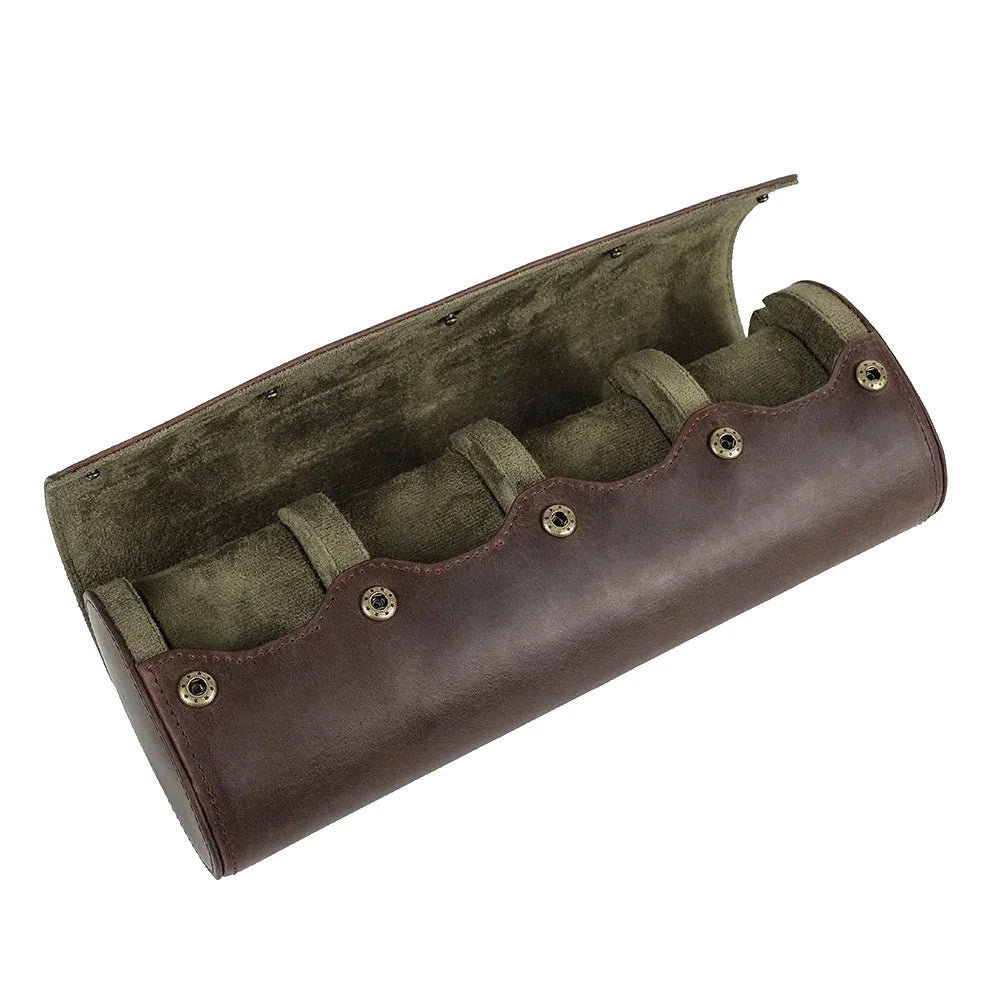 Round Leather Watch Roll with Slide-Out Cushions - 4 Slots