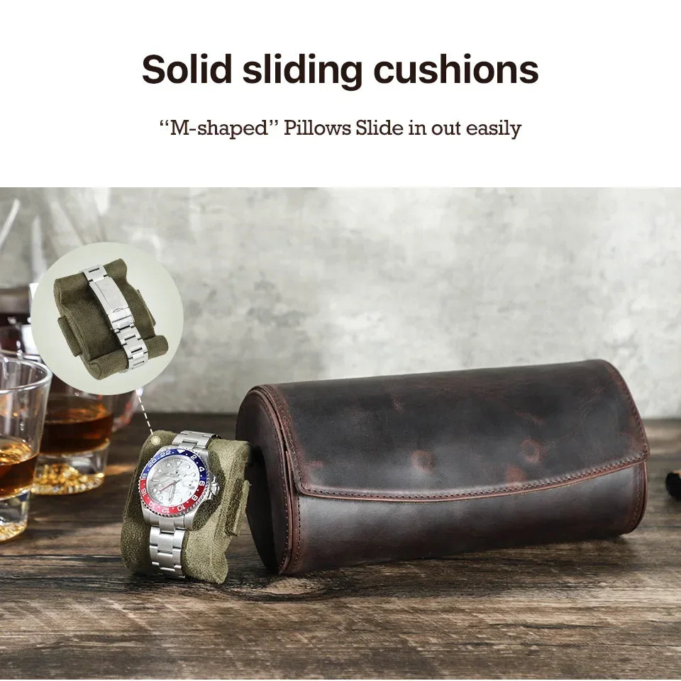 Round Leather Watch Roll with Slide-Out Cushions
