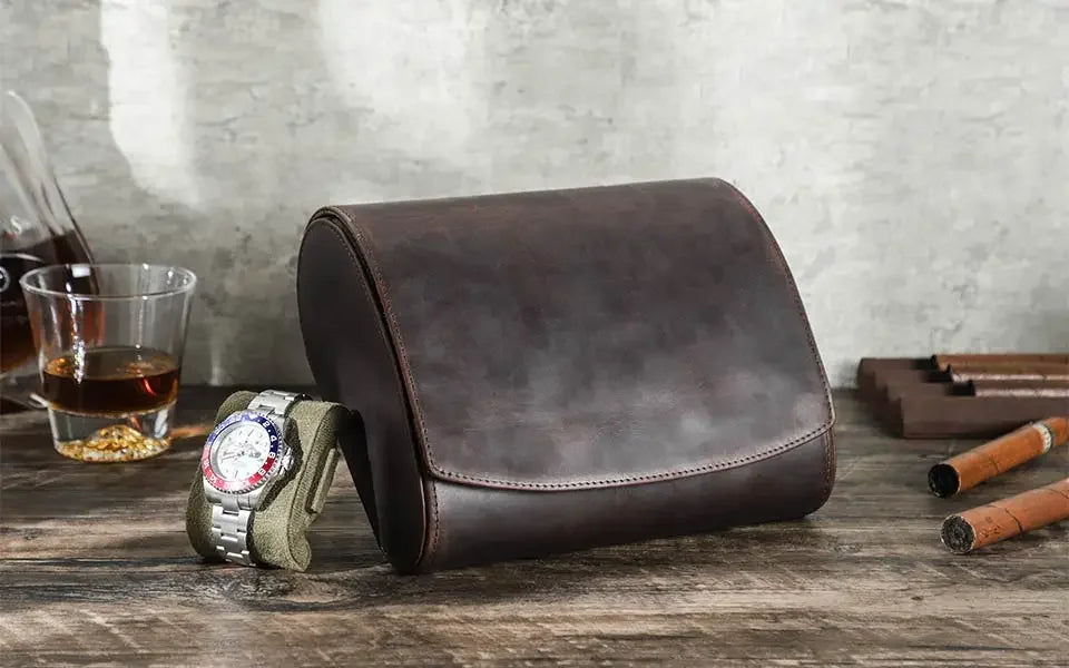 Round Leather Watch Roll with Slide-Out Cushions
