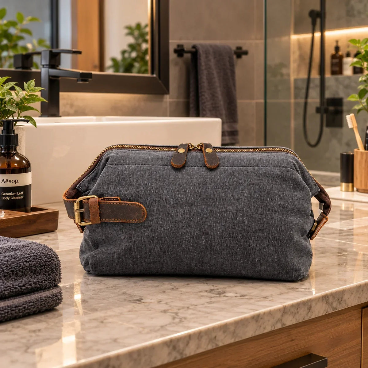 Men’s Waxed Canvas Toiletry Bag - Leather Trim Dopp Kit