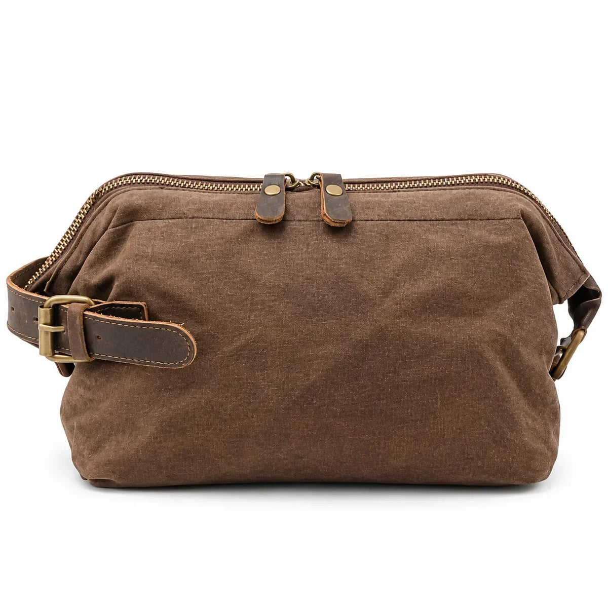 Men’s Waxed Canvas Toiletry Bag - Leather Trim Dopp Kit - Brown