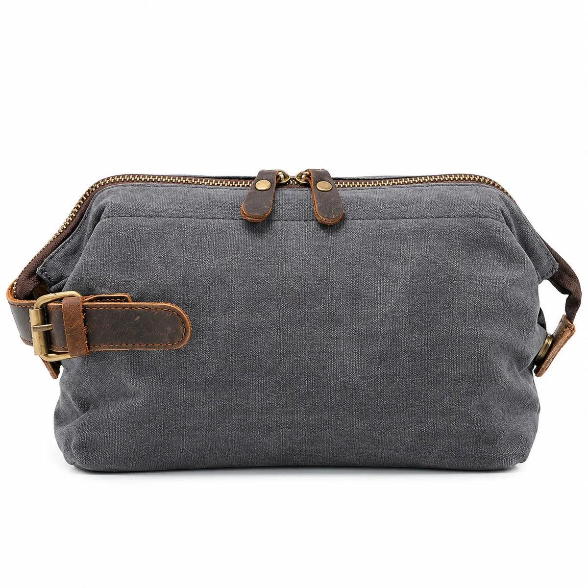 Men’s Waxed Canvas Toiletry Bag - Leather Trim Dopp Kit - Gray