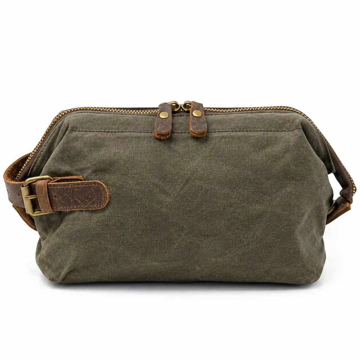 Men’s Waxed Canvas Toiletry Bag - Leather Trim Dopp Kit - Olive Green