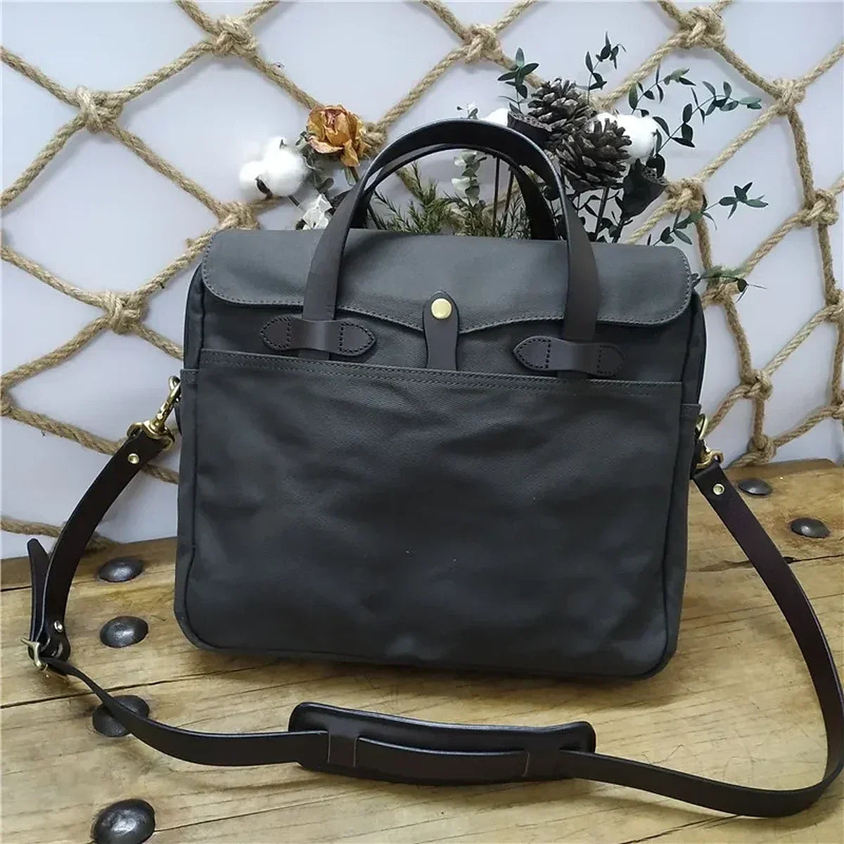 Waxed Canvas Flap Briefcase with Leather Handles