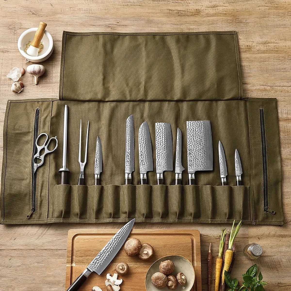 Waxed Canvas Chef Knife Roll with 12 Slots - Olive Green