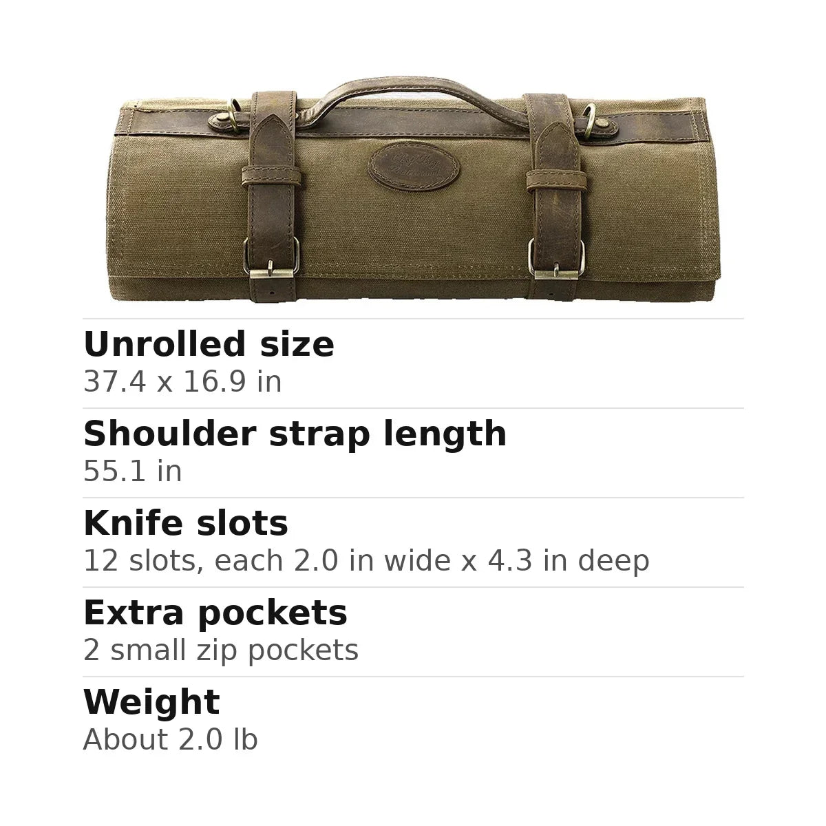 Waxed Canvas Chef Knife Roll with 12 Slots - Olive Green