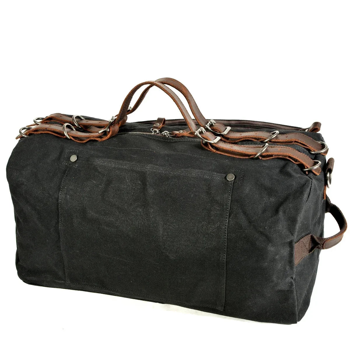 Waxed Canvas Duffle Bag - Buckle Strap Weekender Travel Bag - Black