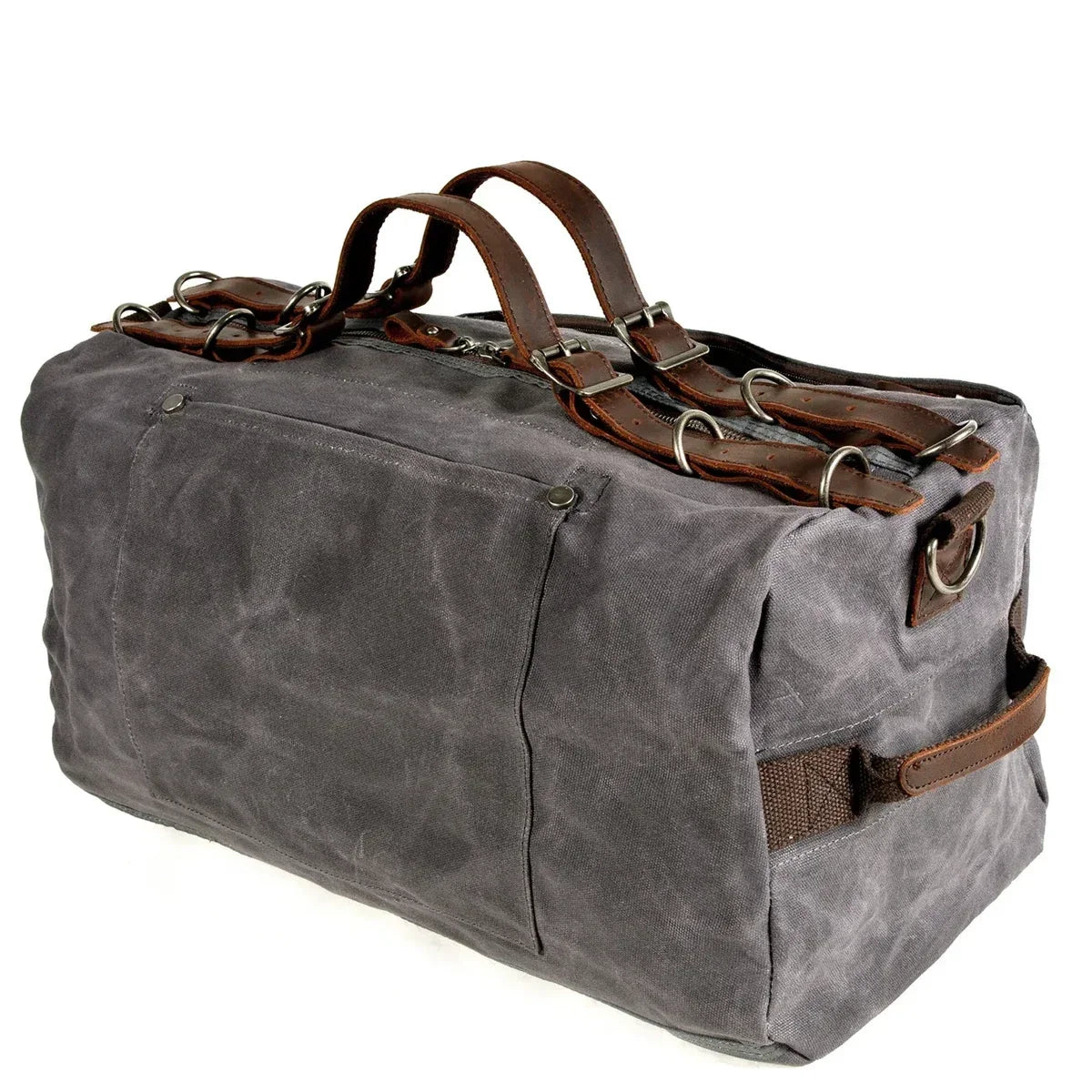 Waxed Canvas Duffle Bag - Buckle Strap Weekender Travel Bag - Dark Gray