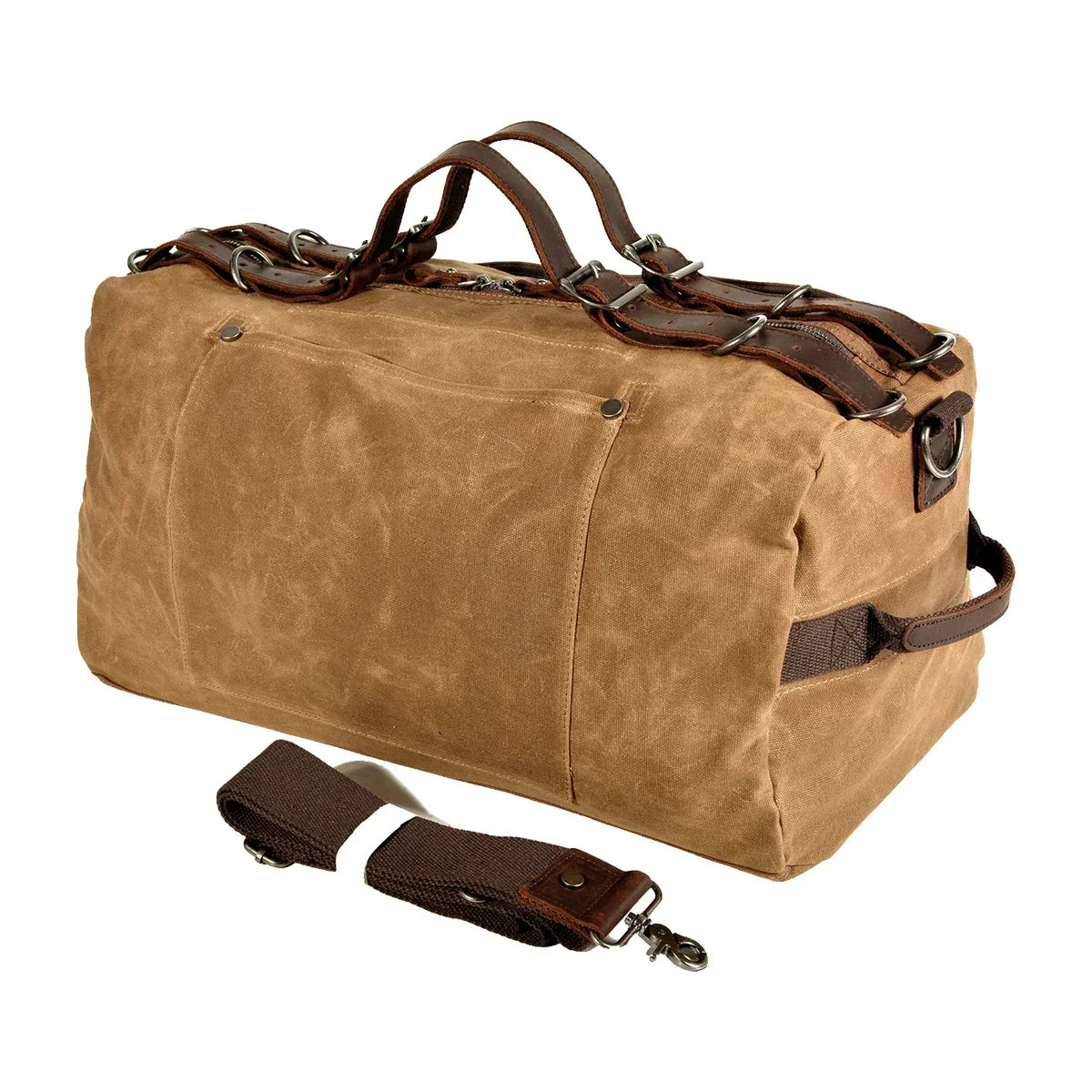 Waxed Canvas Duffle Bag - Buckle Strap Weekender Travel Bag - Khaki