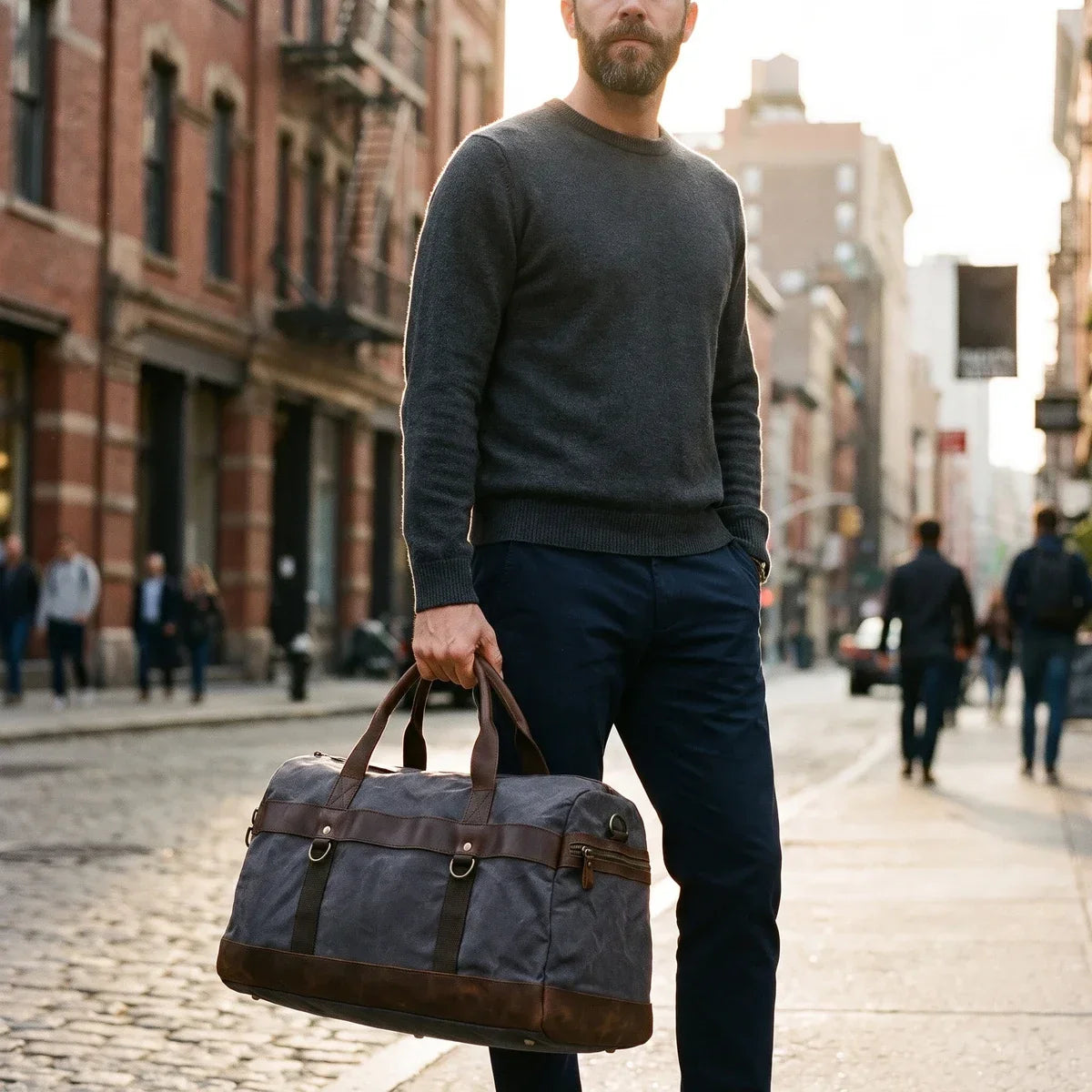 Waxed Canvas Duffle Bag - Leather Trim Weekender Travel Bag