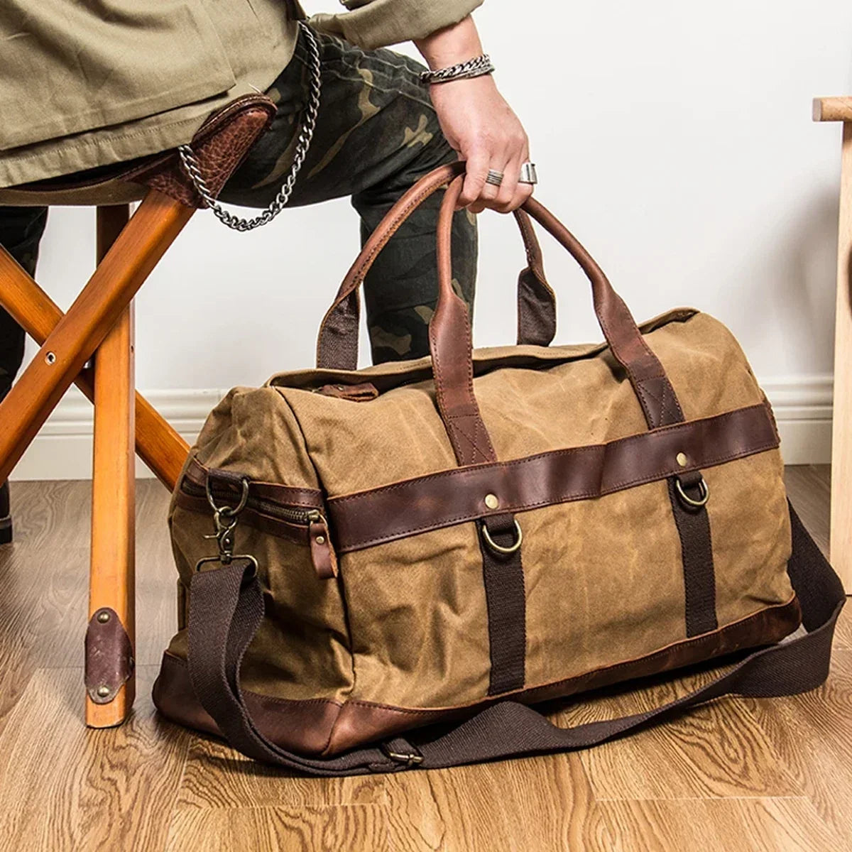 Waxed Canvas Duffle Bag - Leather Trim Weekender Travel Bag