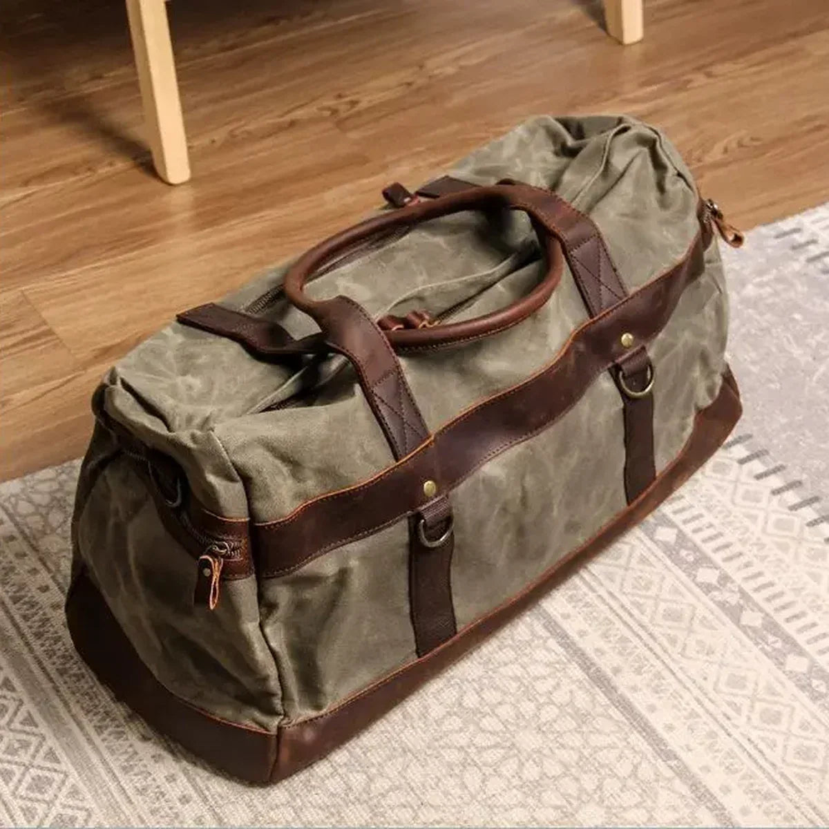 Waxed Canvas Duffle Bag - Leather Trim Weekender Travel Bag