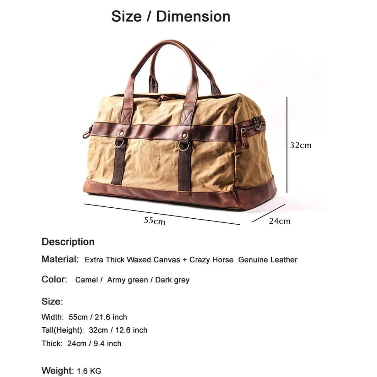 Waxed Canvas Duffle Bag - Leather Trim Weekender Travel Bag
