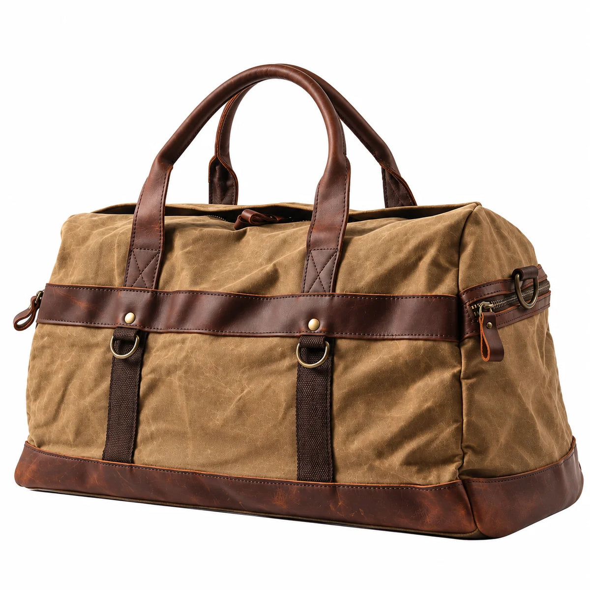 Waxed Canvas Duffle Bag - Leather Trim Weekender Travel Bag - Khaki