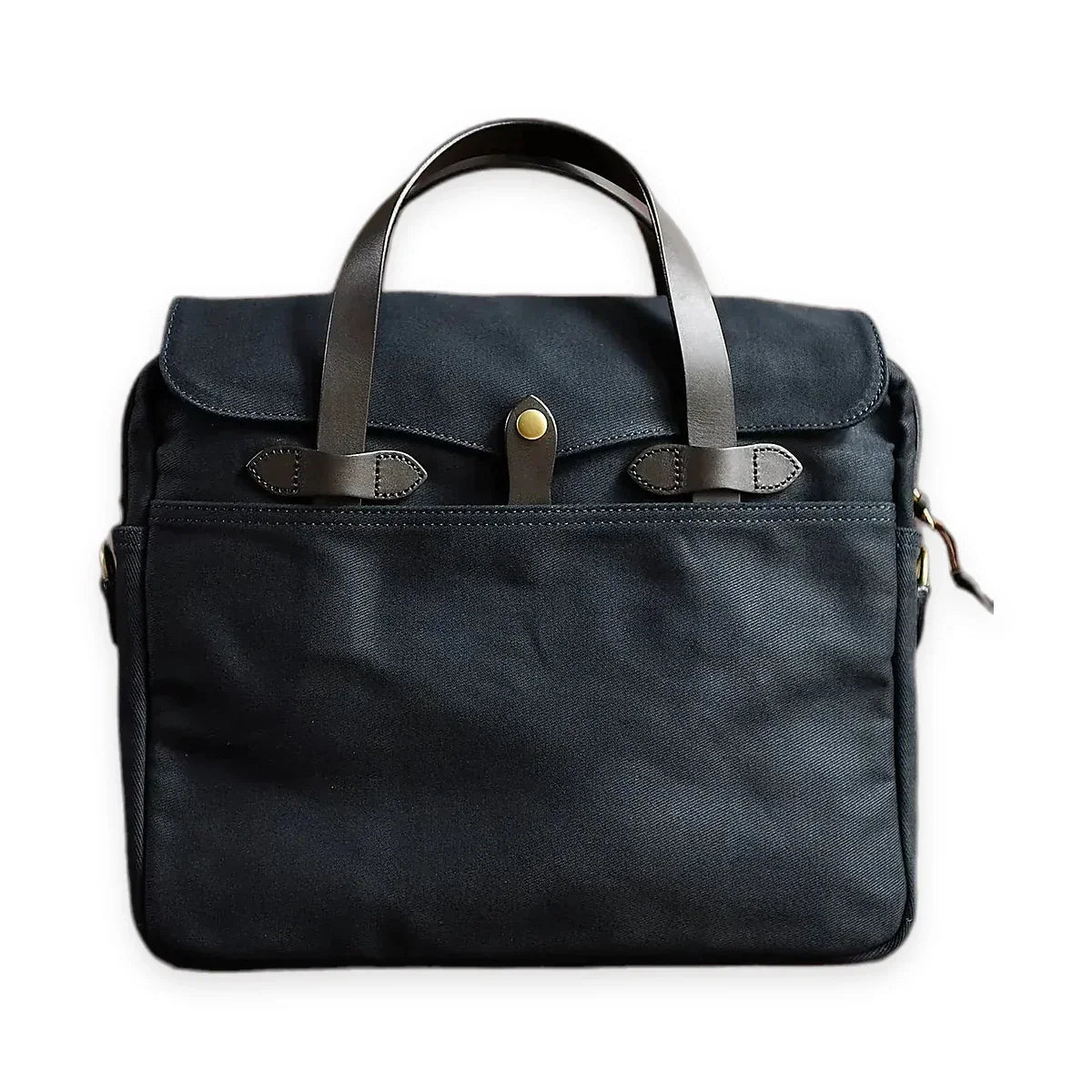 Waxed Canvas Flap Briefcase with Leather Handles - Navy Blue