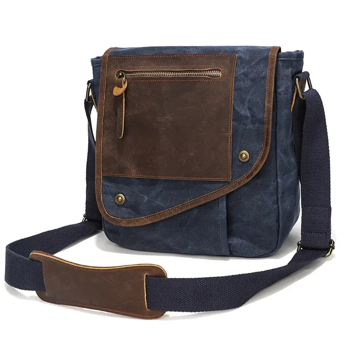 Waxed Canvas Vertical Messenger Bag for Men - Blue