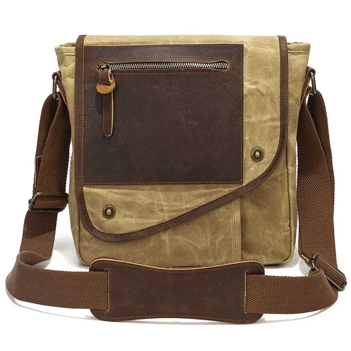 Waxed Canvas Vertical Messenger Bag for Men - Khaki