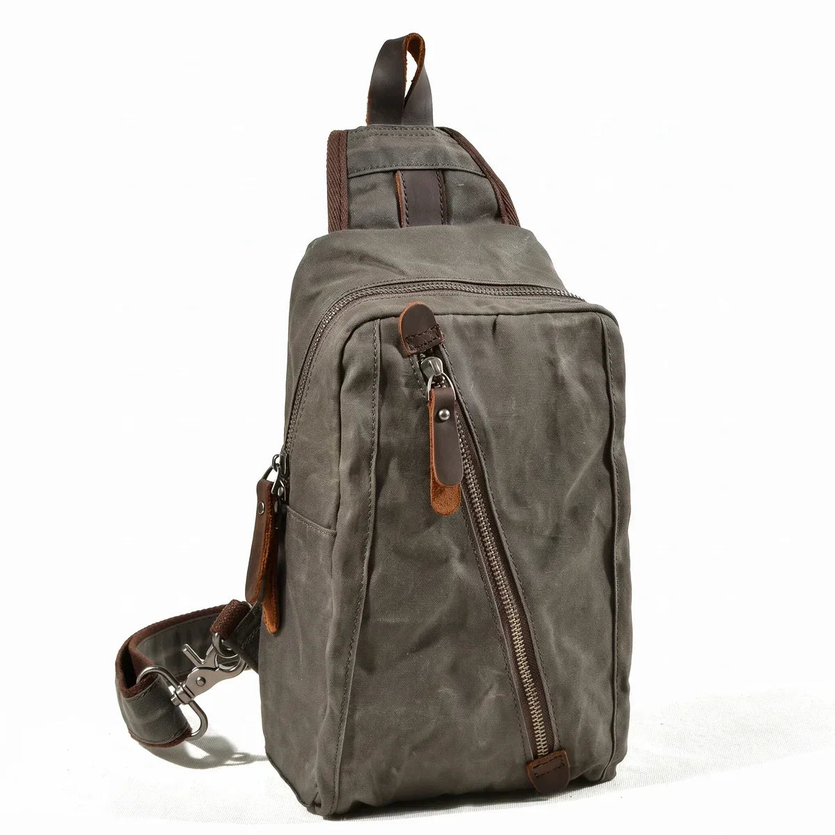 Waxed Canvas Sling Bag - Crossbody Chest Pack with Diagonal Zip - Army Green