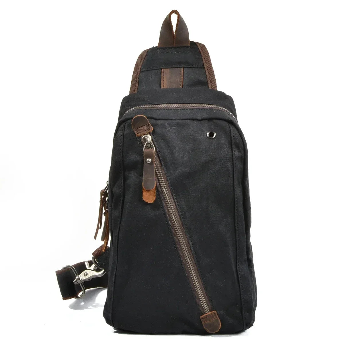 Waxed Canvas Sling Bag - Crossbody Chest Pack with Diagonal Zip - Black