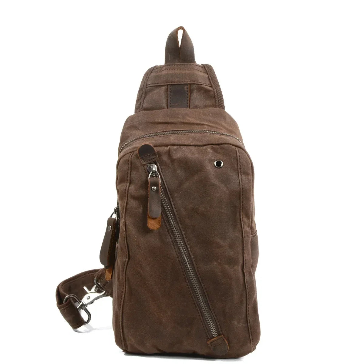 Waxed Canvas Sling Bag - Crossbody Chest Pack with Diagonal Zip - Brown