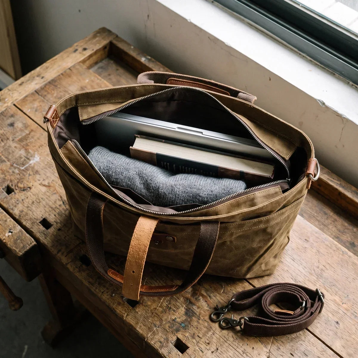 Waxed Canvas Tote Bag for Men - Zip Top Removable Strap