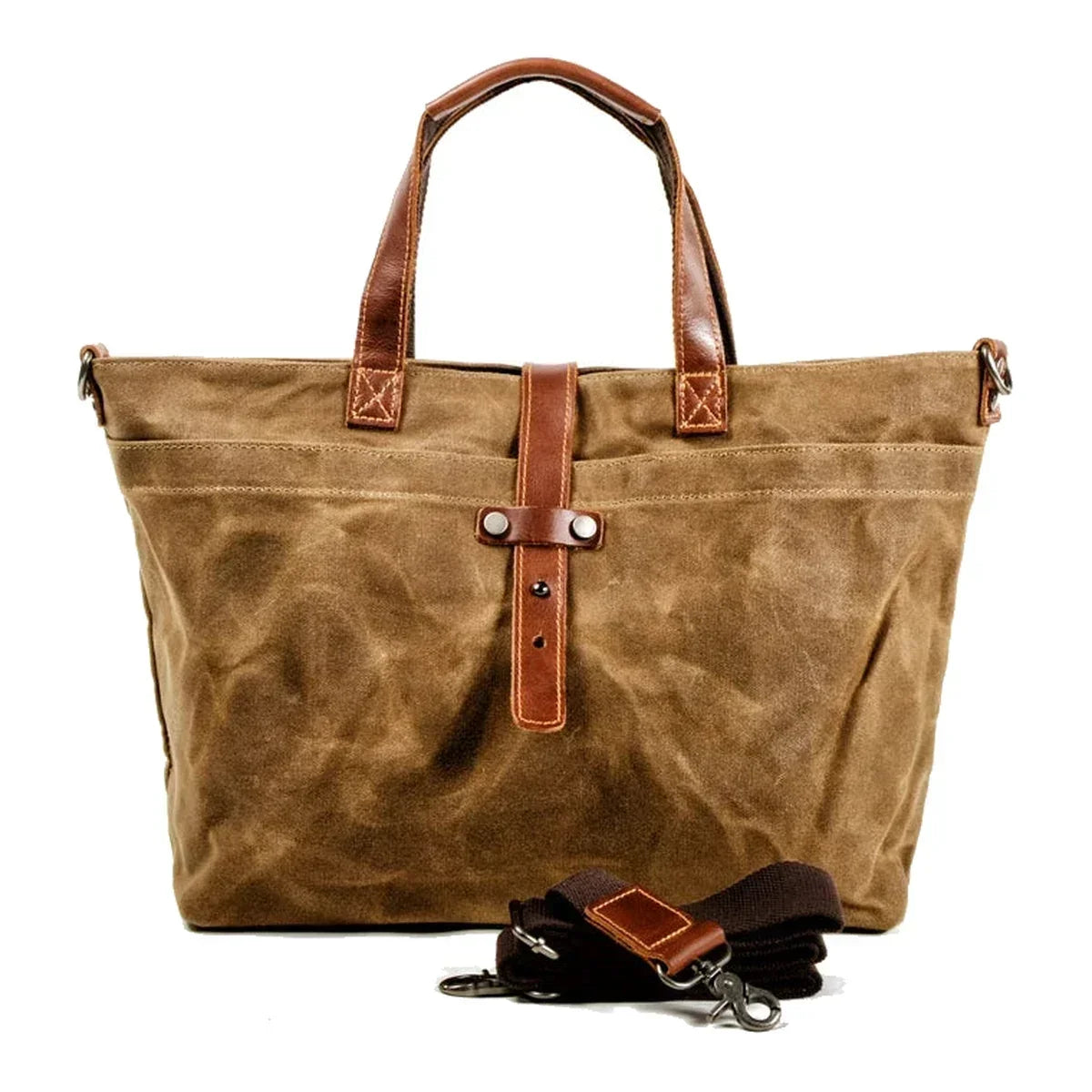 Waxed Canvas Tote Bag for Men - Zip Top Removable Strap - Khaki