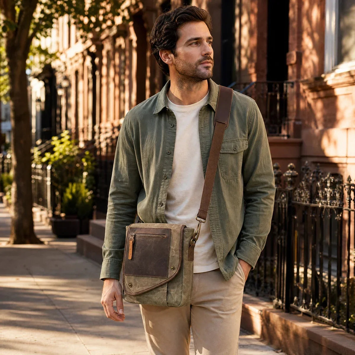Waxed Canvas Vertical Messenger Bag for Men
