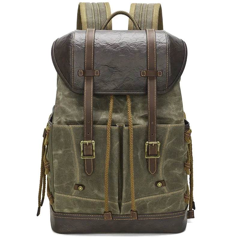 Men’s Waxed Canvas Backpack - Vintage Flap Laptop Rucksack - Olive / 17.3 x 11.4 x 6.3