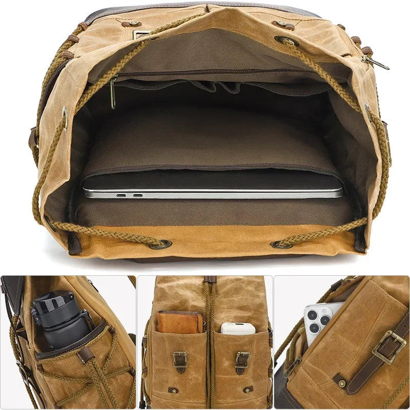 Men’s Waxed Canvas Backpack - Vintage Flap Laptop Rucksack