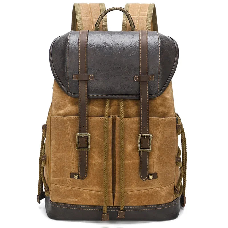 Men’s Waxed Canvas Backpack - Vintage Flap Laptop Rucksack - Khaki / 17.3 x 11.4 x 6.3