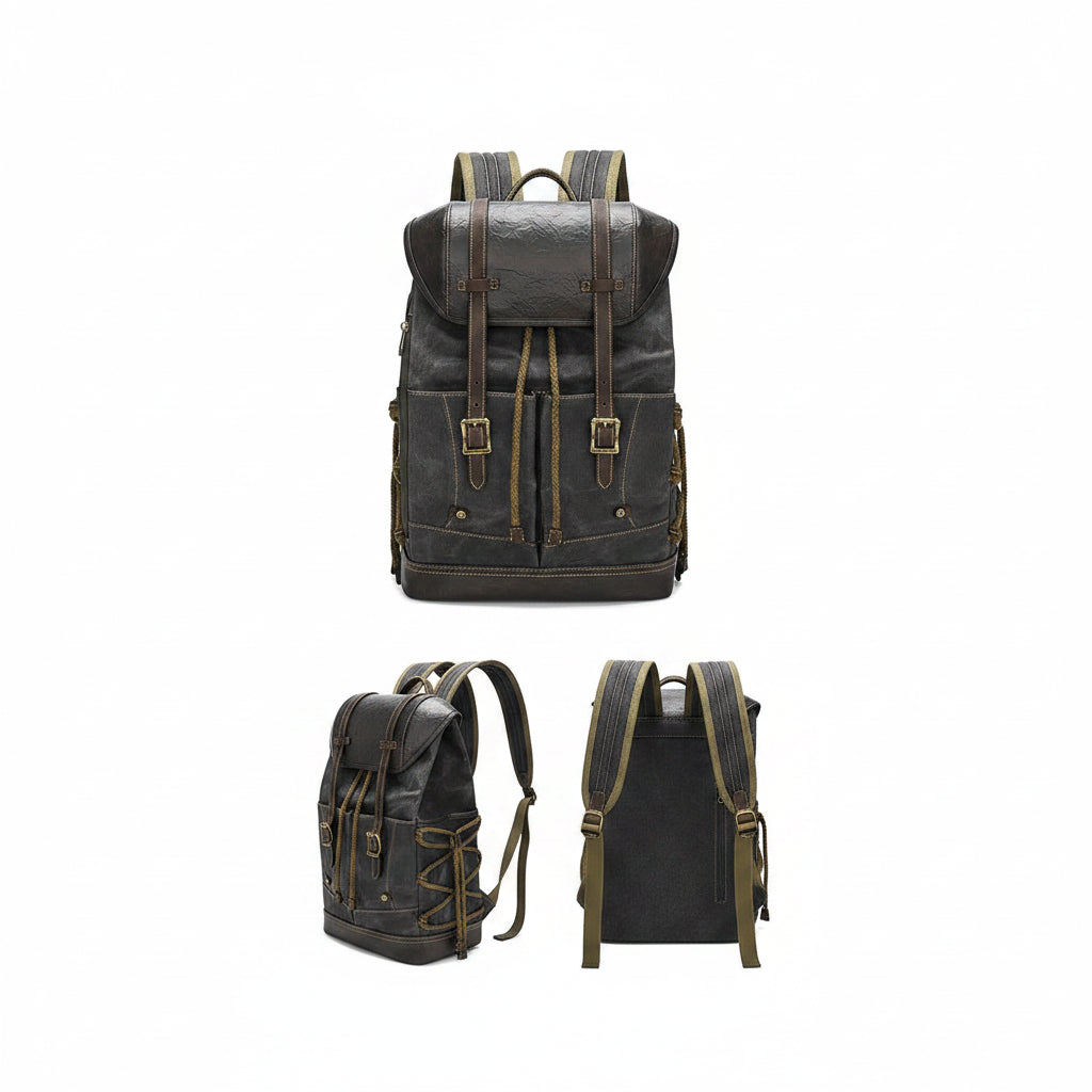 Men’s Waxed Canvas Backpack - Vintage Flap Laptop Rucksack