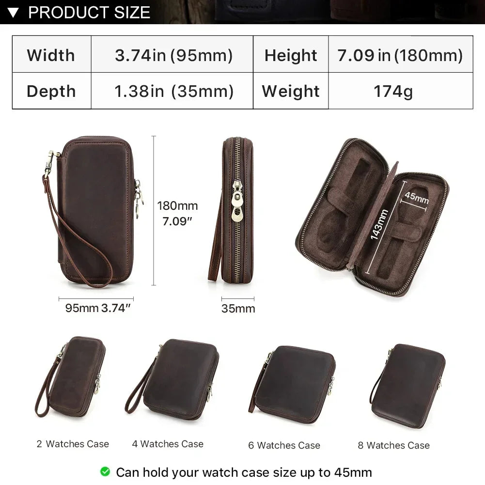 Zippered Crazy Horse Leather Watch Travel Case with Wrist Strap