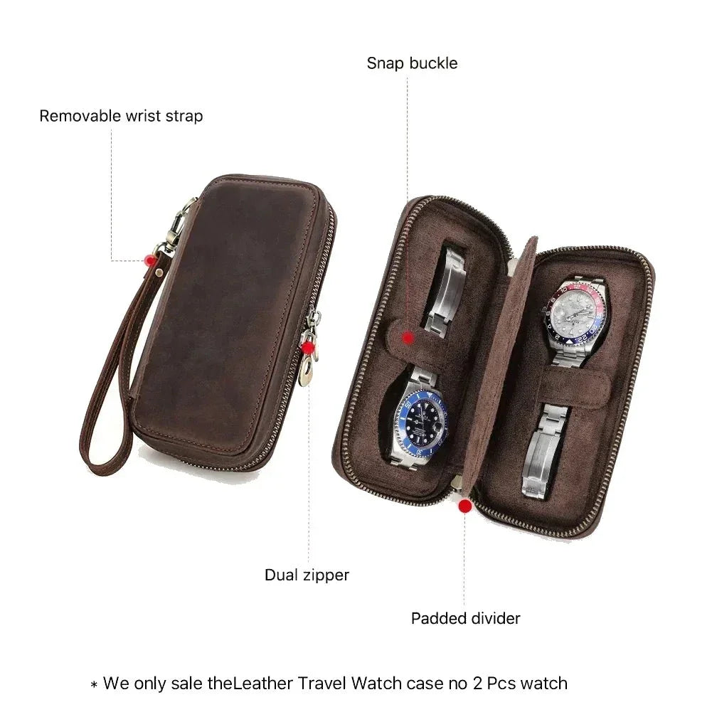 Zippered Crazy Horse Leather Watch Travel Case with Wrist Strap