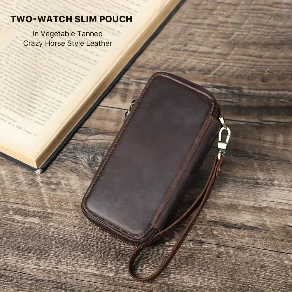 Zippered Crazy Horse Leather Watch Travel Case with Wrist Strap