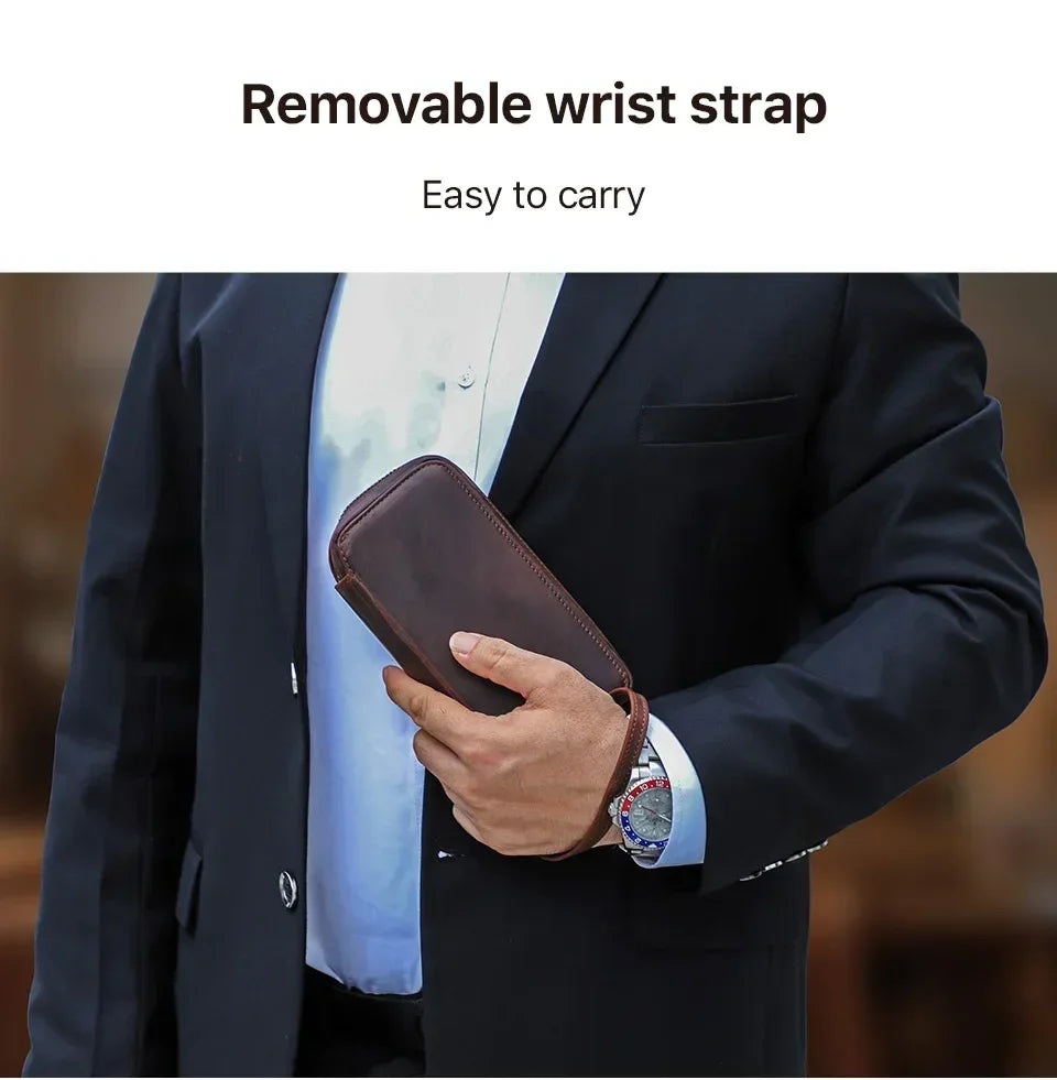 Zippered Crazy Horse Leather Watch Travel Case with Wrist Strap