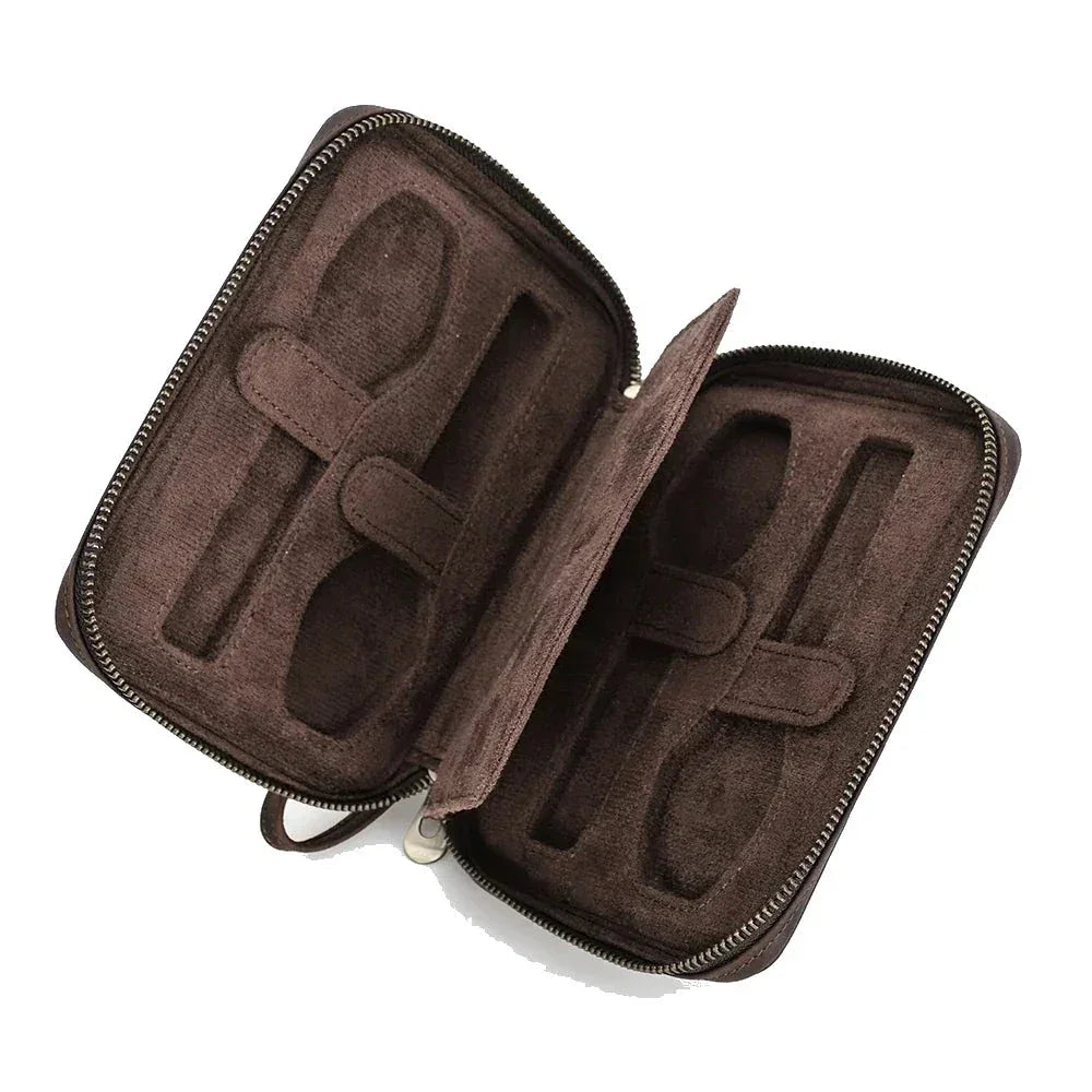 Zippered Crazy Horse Leather Watch Travel Case with Wrist Strap - 4 Watches