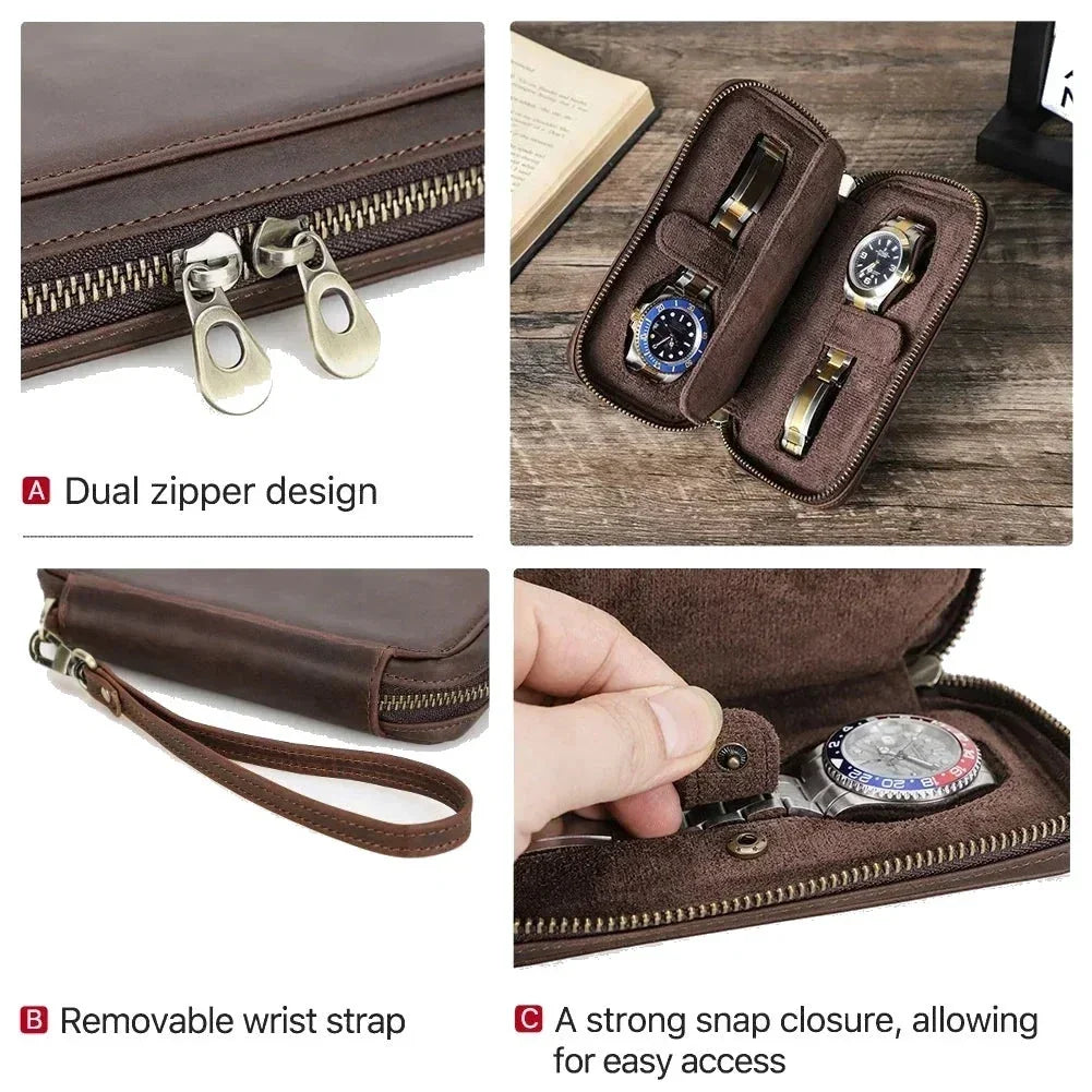 Zippered Crazy Horse Leather Watch Travel Case with Wrist Strap