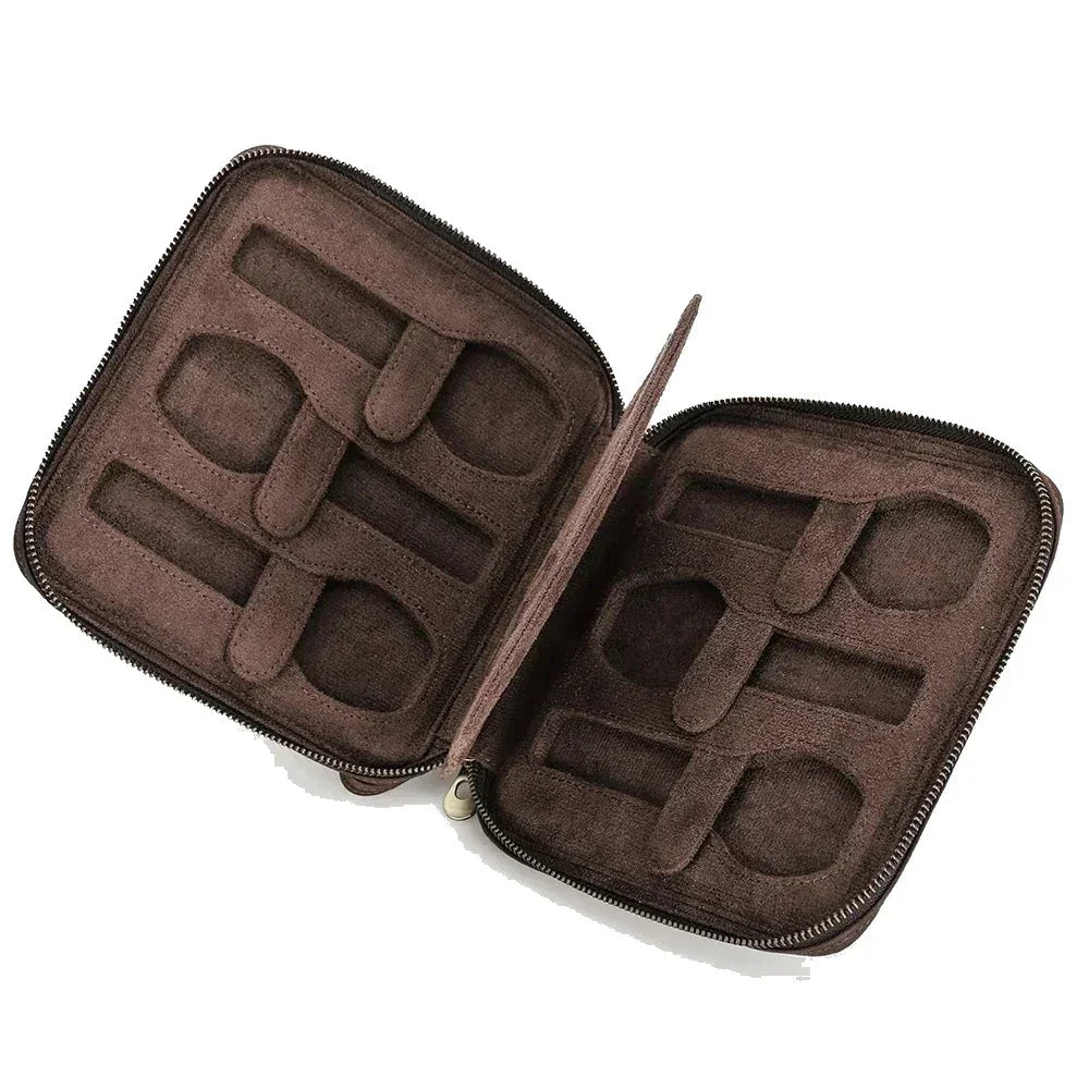 Zippered Crazy Horse Leather Watch Travel Case with Wrist Strap - 6 Watches